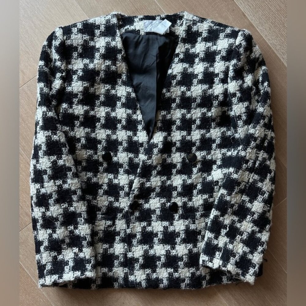 Vintage Lord & Taylor Houndstooth Tweed Blazer 80s Cropped Black White Size 12